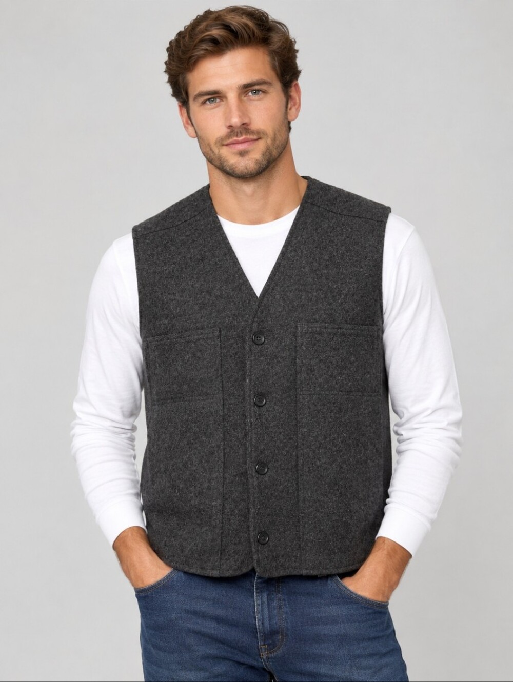 Stormy Kromer Gray 100% Wool Midweight Outdoor Vest Mens Size Medium USA Made